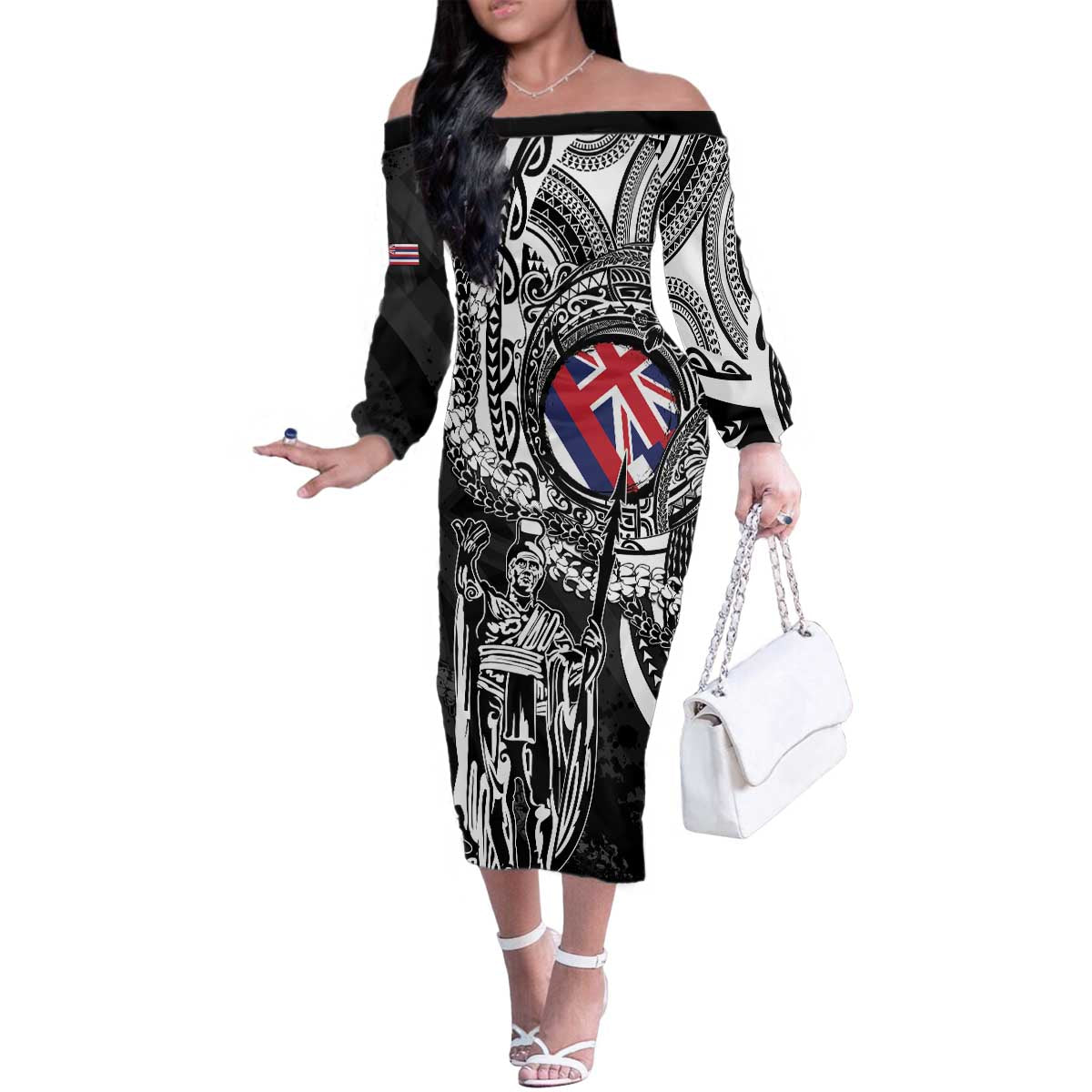 Hawaii King Flag Family Matching Off The Shoulder Long Sleeve Dress and Hawaiian Shirt Hawaiian Maile Lei - Polynesian Pride