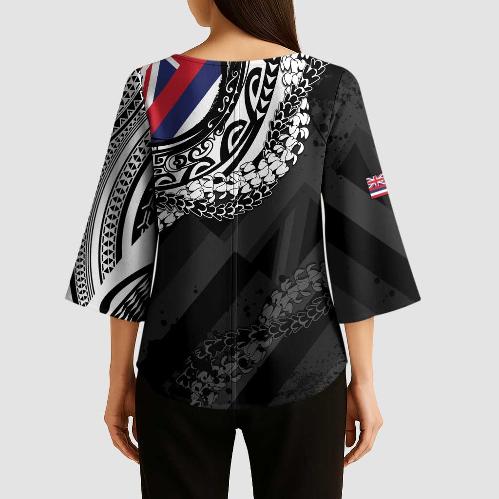 Hawaii King Flag Kimono Sleeve Blouse Hawaiian Maile Lei - Polynesian Pride