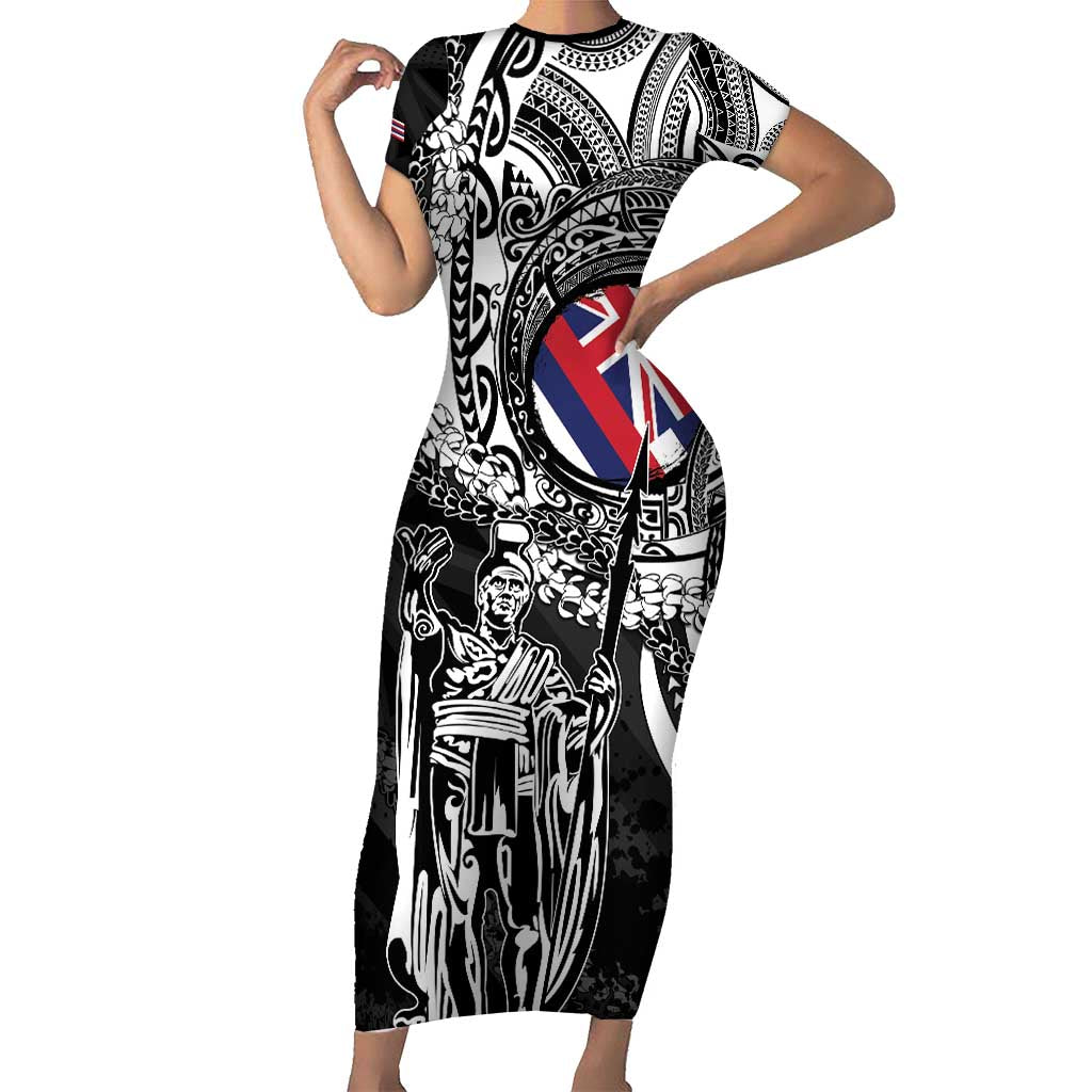 Hawaii King Flag Short Sleeve Bodycon Dress Hawaiian Maile Lei - Polynesian Pride