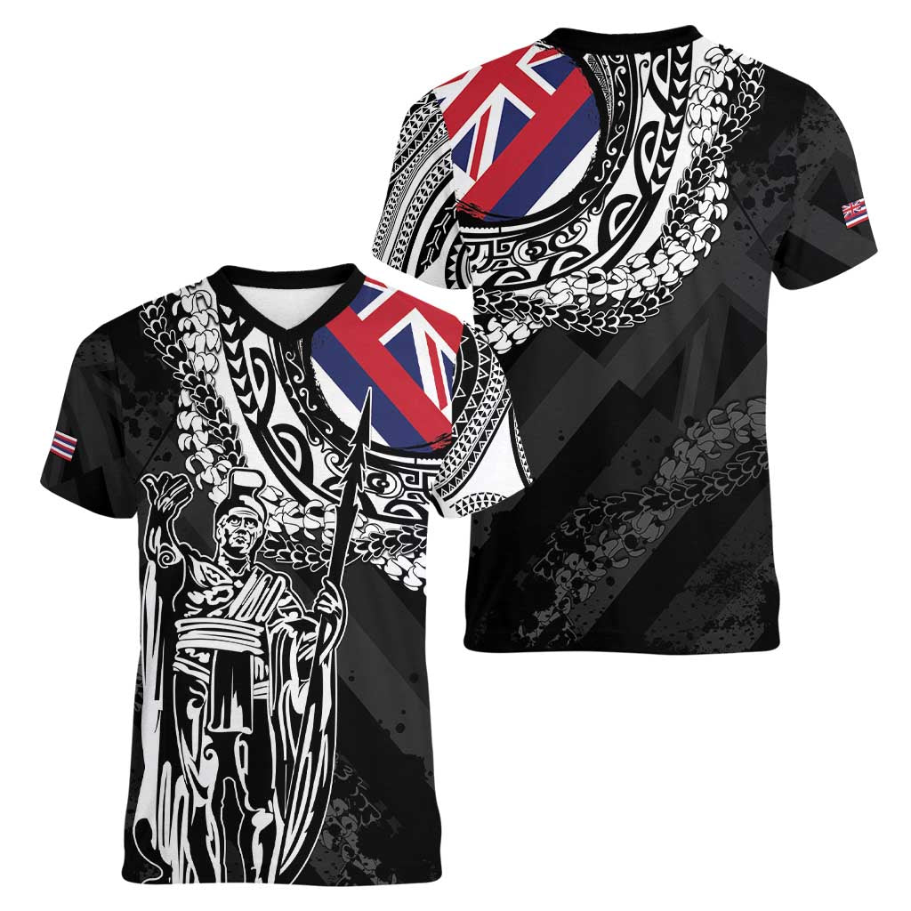 Hawaii King Flag Women V-Neck T-Shirt Hawaiian Maile Lei - Polynesian Pride