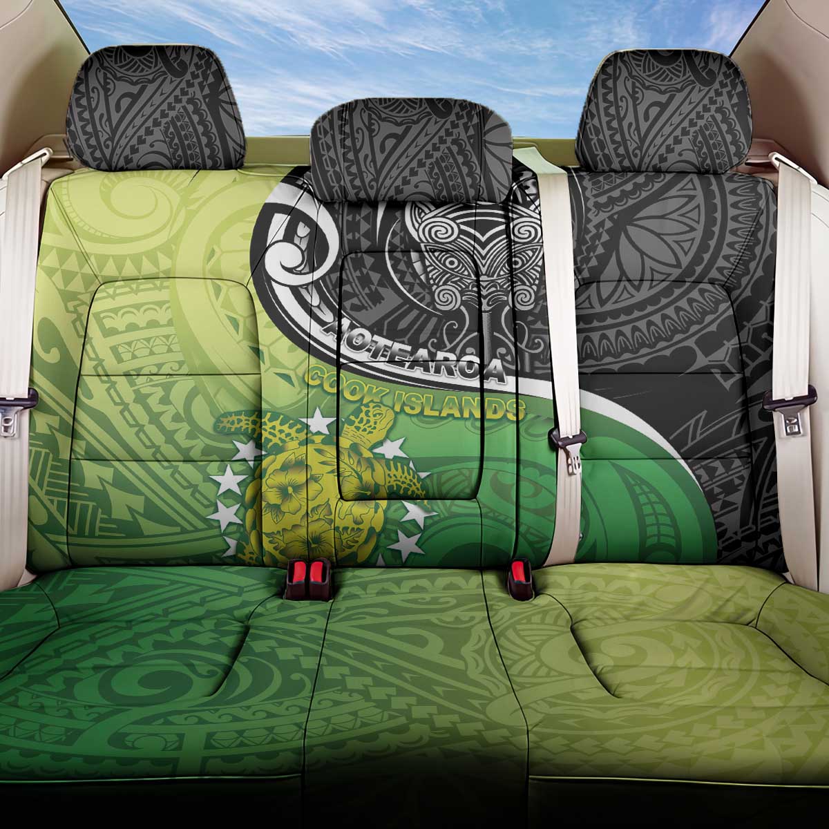 New Zealand Cook Islands Back Car Seat Cover Maori Tiki With Circle Stars Turtle - Polynesian Pride
