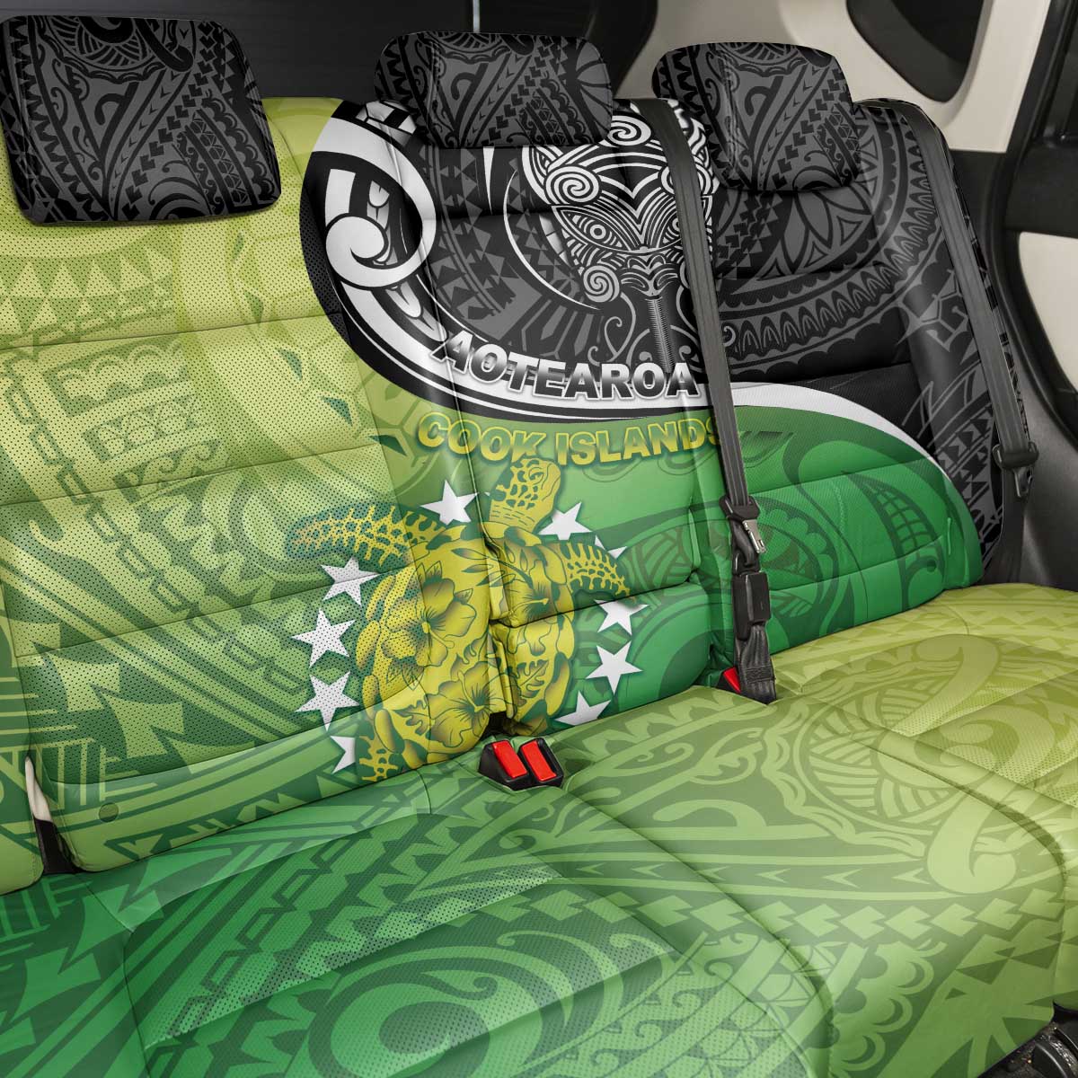 New Zealand Cook Islands Back Car Seat Cover Maori Tiki With Circle Stars Turtle - Polynesian Pride