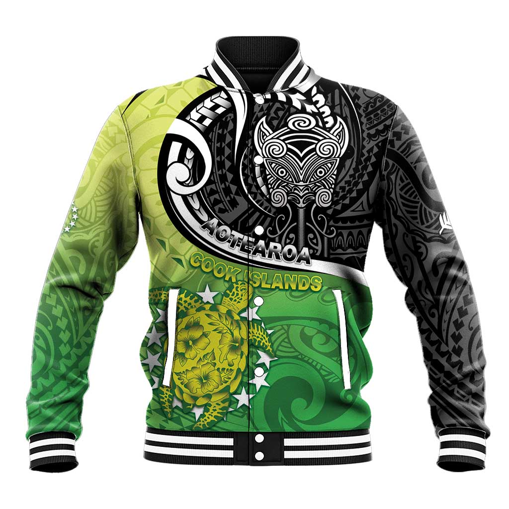 Custom New Zealand Cook Islands Baseball Jacket Maori Tiki With Circle Stars Turtle - Polynesian Pride