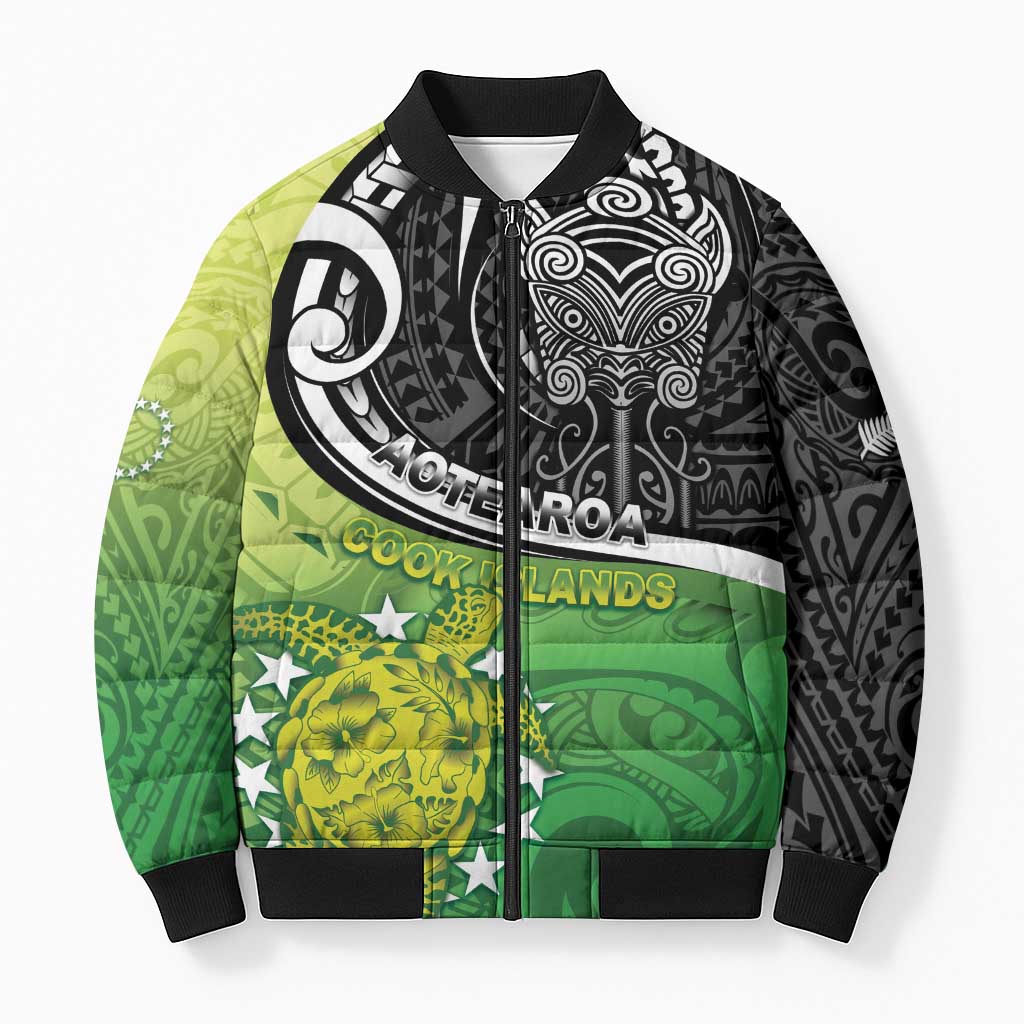 Custom New Zealand Cook Islands Bomber Puffer Jacket Maori Tiki With Circle Stars Turtle - Polynesian Pride