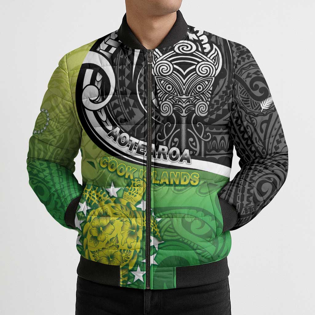 Custom New Zealand Cook Islands Bomber Puffer Jacket Maori Tiki With Circle Stars Turtle - Polynesian Pride
