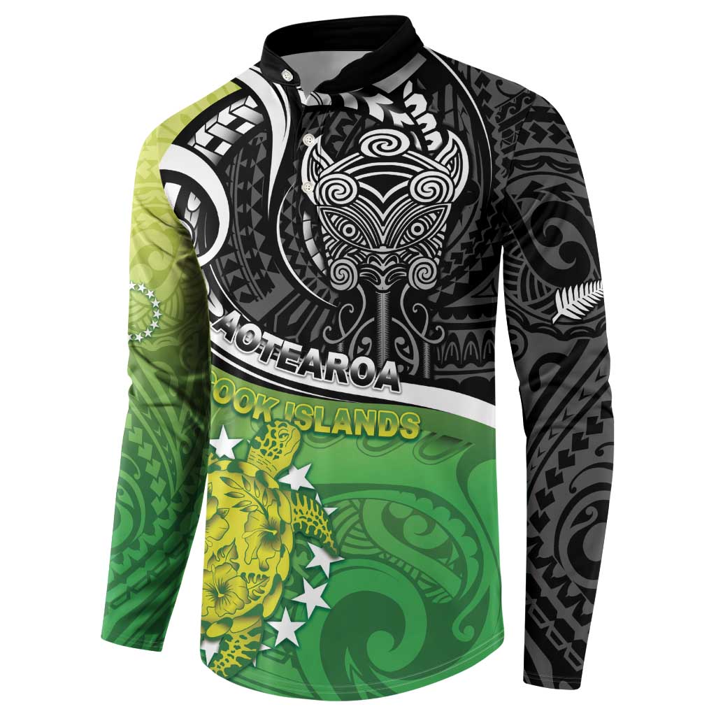 Custom New Zealand Cook Islands Button Sweatshirt Maori Tiki With Circle Stars Turtle - Polynesian Pride
