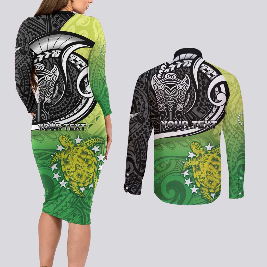 Custom New Zealand Cook Islands Couples Matching Long Sleeve Bodycon Dress and Long Sleeve Button Shirt Maori Tiki With Circle Stars Turtle - Polynesian Pride