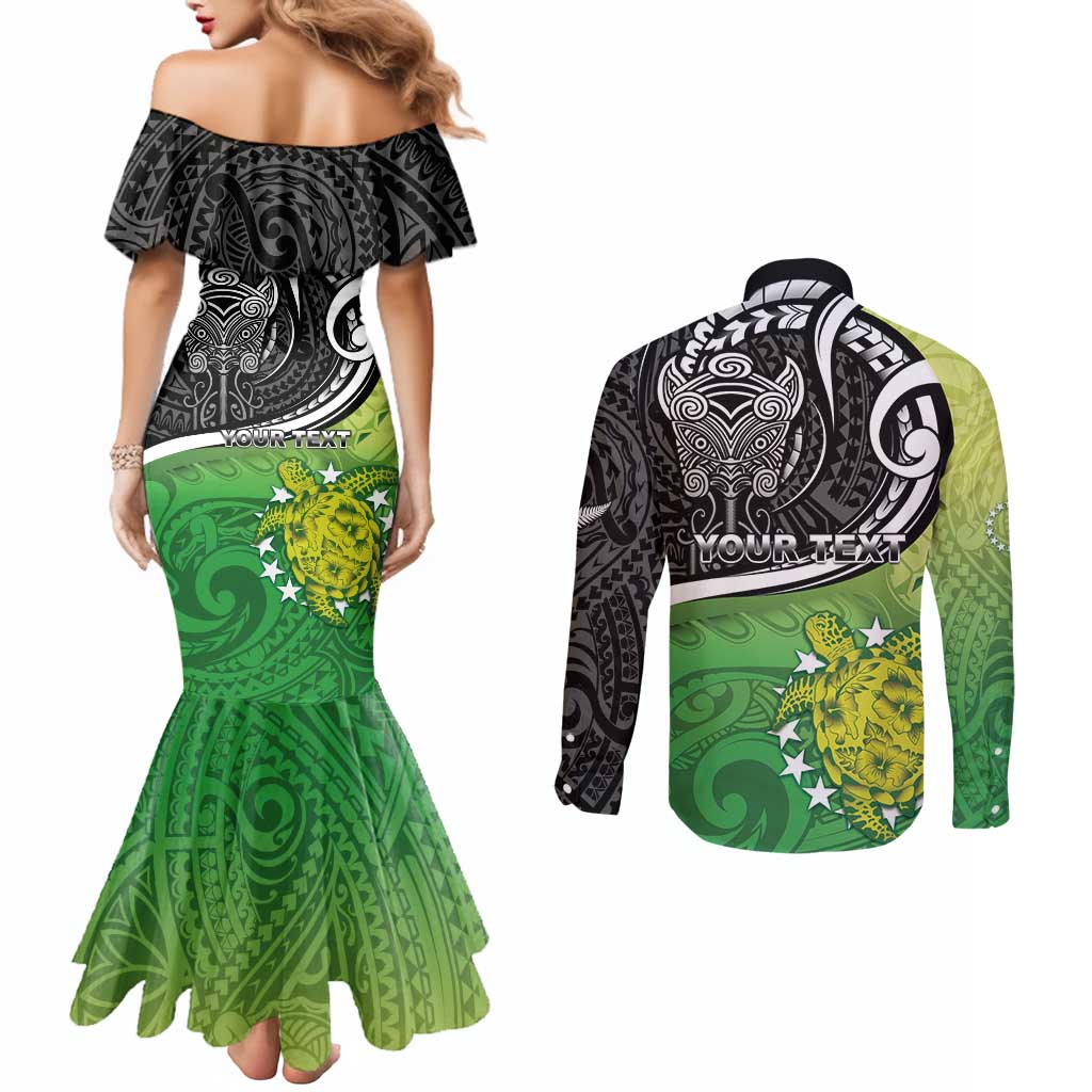 Custom New Zealand Cook Islands Couples Matching Mermaid Dress and Long Sleeve Button Shirt Maori Tiki With Circle Stars Turtle - Polynesian Pride