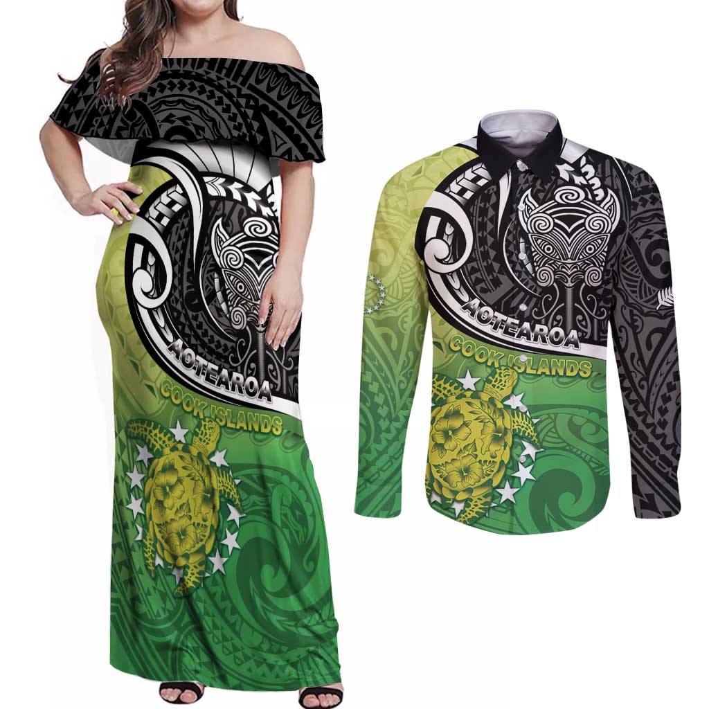 Custom New Zealand Cook Islands Couples Matching Off Shoulder Maxi Dress and Long Sleeve Button Shirt Maori Tiki With Circle Stars Turtle - Polynesian Pride