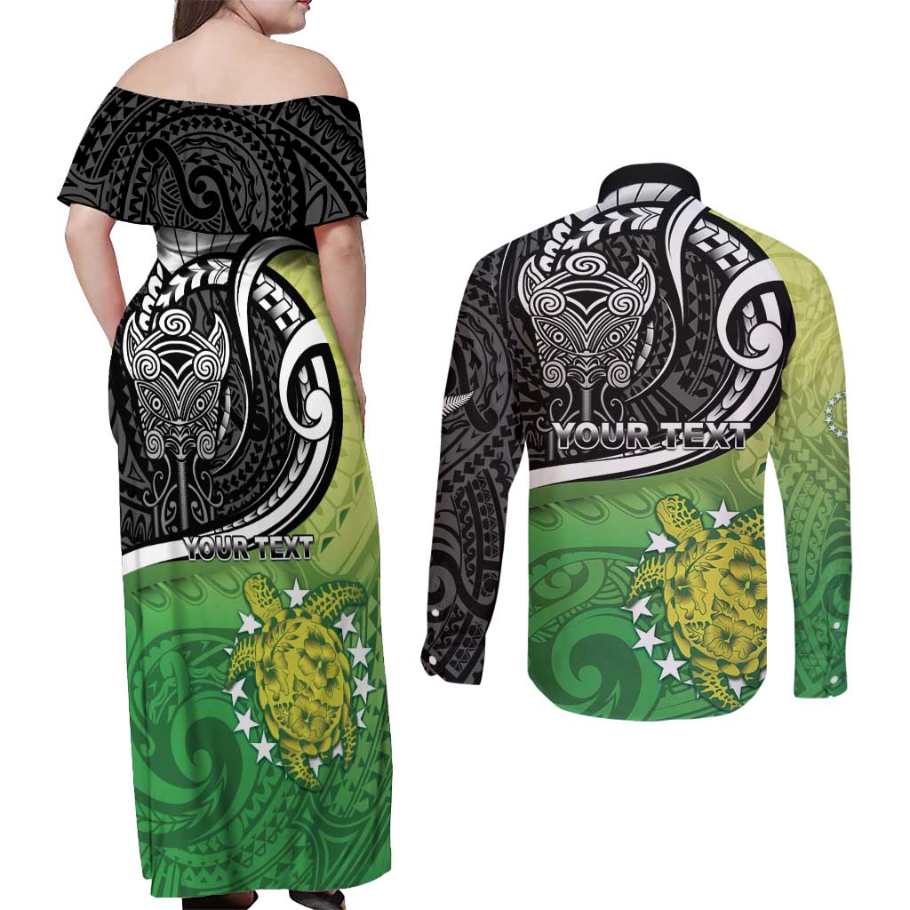 Custom New Zealand Cook Islands Couples Matching Off Shoulder Maxi Dress and Long Sleeve Button Shirt Maori Tiki With Circle Stars Turtle - Polynesian Pride