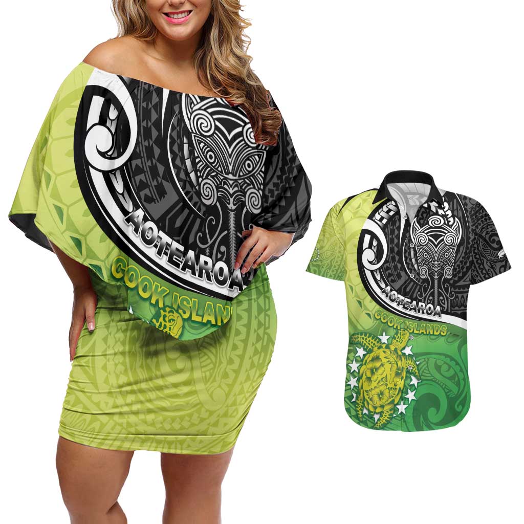 Custom New Zealand Cook Islands Couples Matching Off Shoulder Short Dress and Hawaiian Shirt Maori Tiki With Circle Stars Turtle - Polynesian Pride