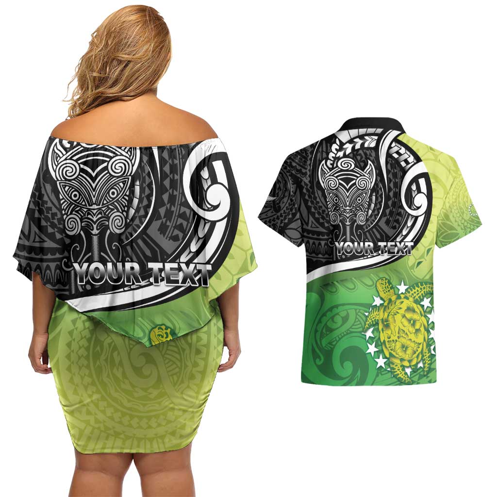 Custom New Zealand Cook Islands Couples Matching Off Shoulder Short Dress and Hawaiian Shirt Maori Tiki With Circle Stars Turtle - Polynesian Pride
