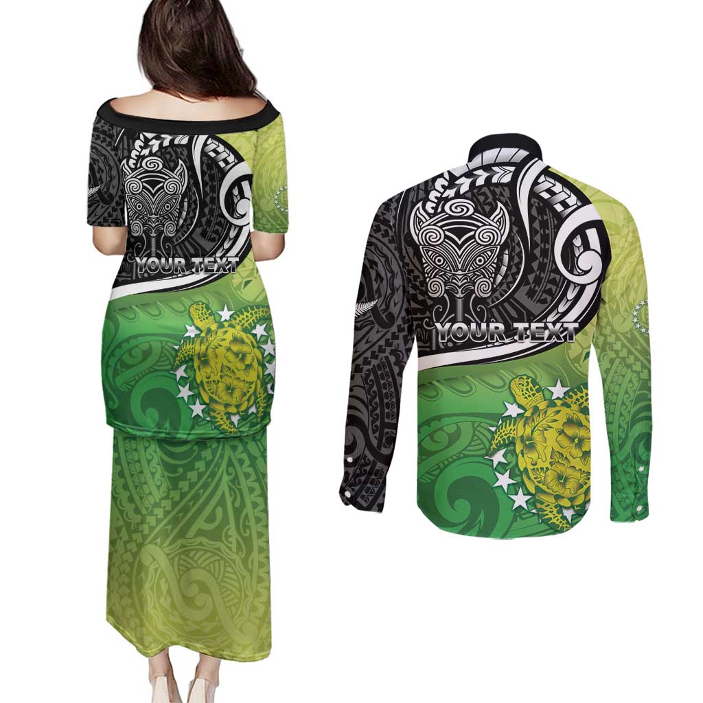 Custom New Zealand Cook Islands Couples Matching Puletasi and Long Sleeve Button Shirt Maori Tiki With Circle Stars Turtle - Polynesian Pride