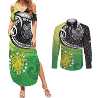 Custom New Zealand Cook Islands Couples Matching Summer Maxi Dress and Long Sleeve Button Shirt Maori Tiki With Circle Stars Turtle - Polynesian Pride
