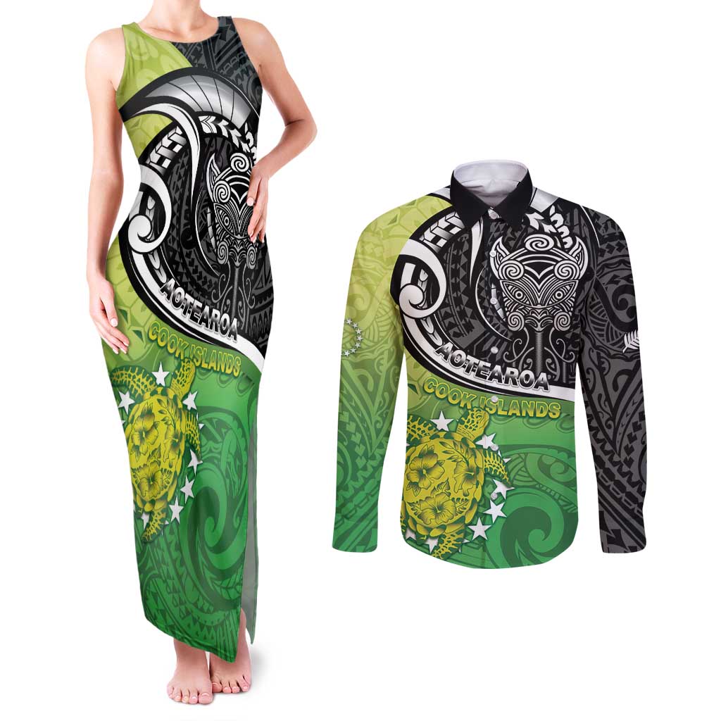 Custom New Zealand Cook Islands Couples Matching Tank Maxi Dress and Long Sleeve Button Shirt Maori Tiki With Circle Stars Turtle - Polynesian Pride