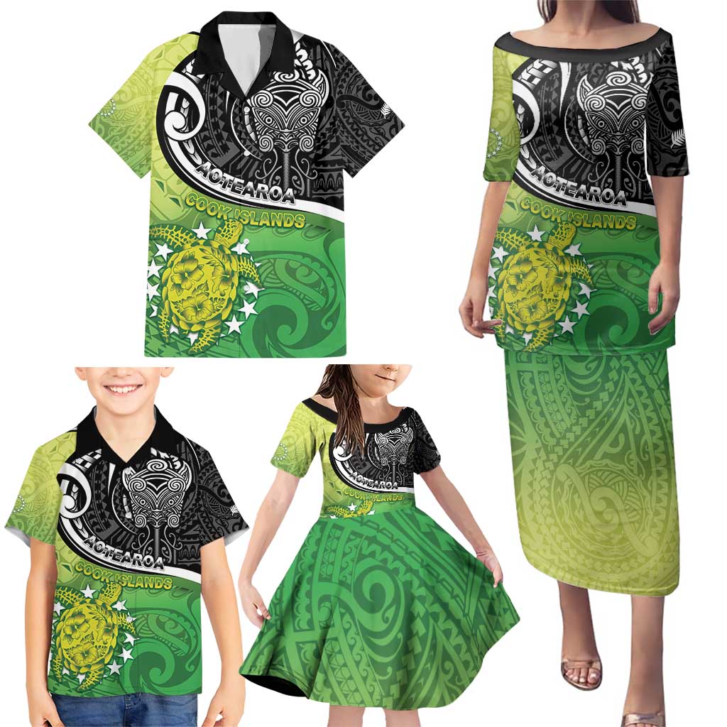 Custom New Zealand Cook Islands Family Matching Puletasi and Hawaiian Shirt Maori Tiki With Circle Stars Turtle - Polynesian Pride