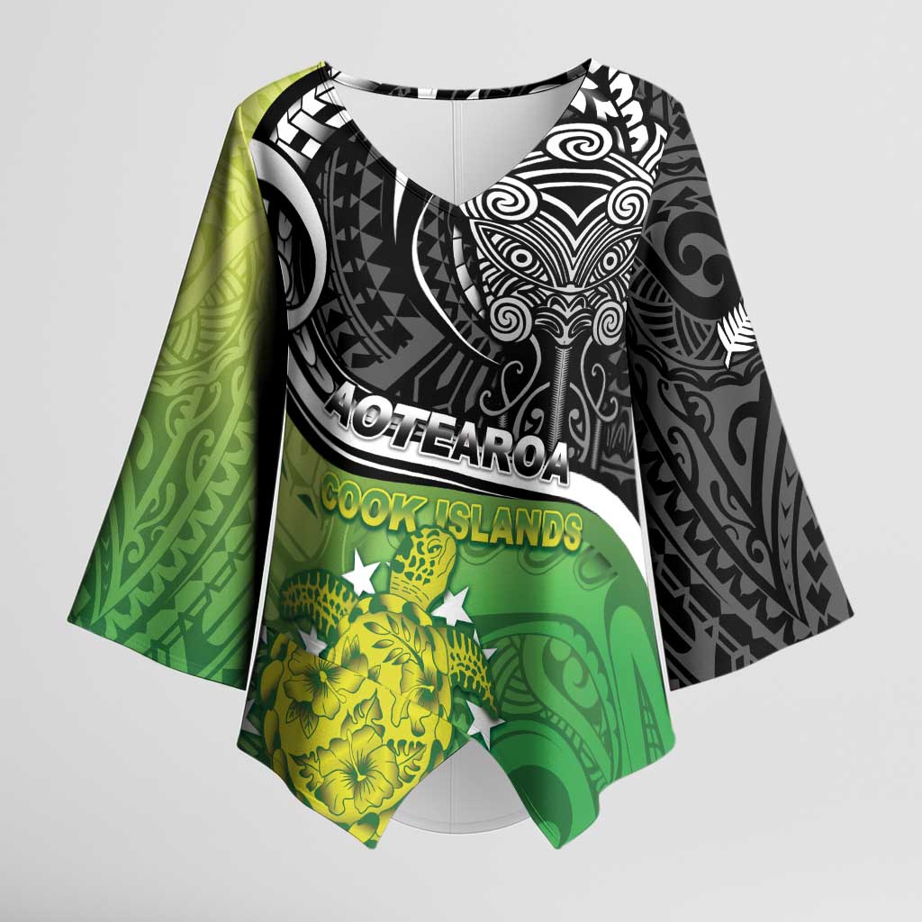 Custom New Zealand Cook Islands Kimono Sleeve Blouse Maori Tiki With Circle Stars Turtle - Polynesian Pride