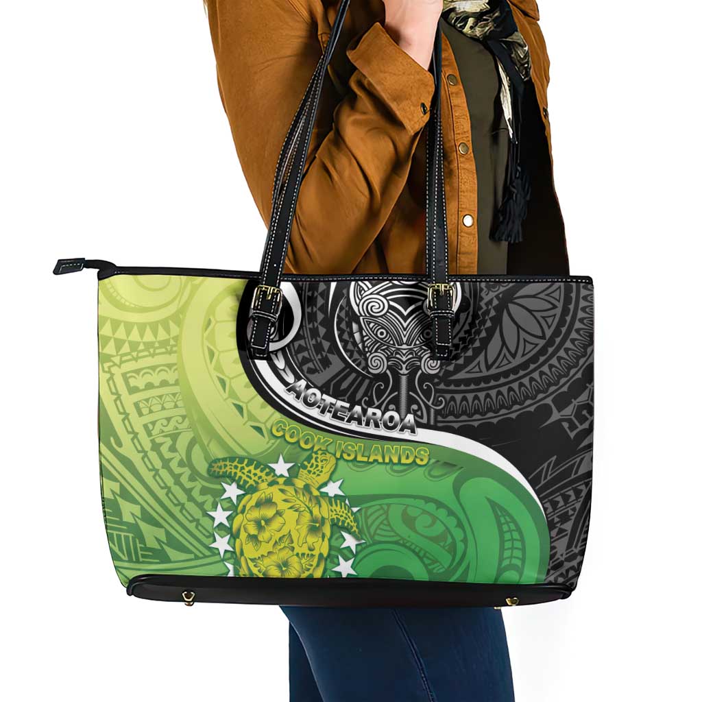 New Zealand Cook Islands Leather Tote Bag Maori Tiki With Circle Stars Turtle - Polynesian Pride