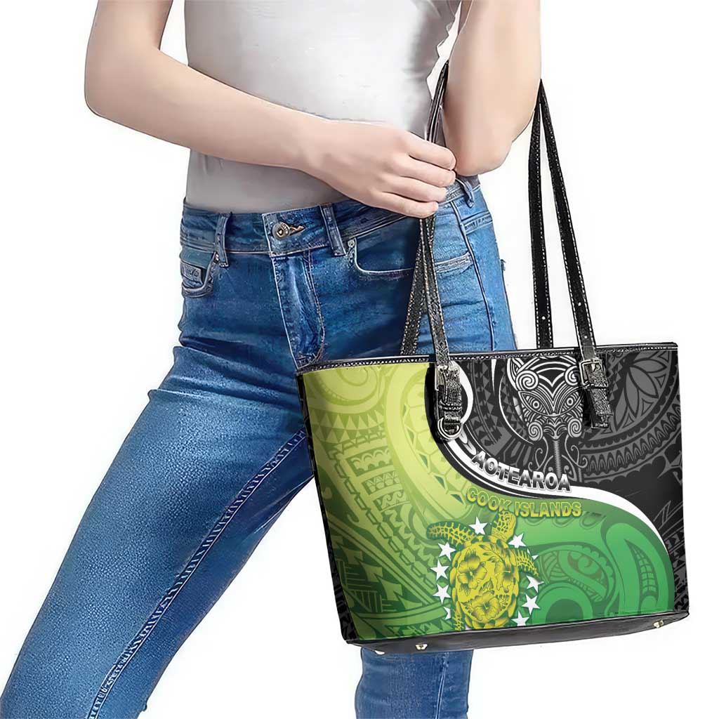 New Zealand Cook Islands Leather Tote Bag Maori Tiki With Circle Stars Turtle - Polynesian Pride