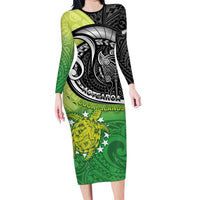 Custom New Zealand Cook Islands Long Sleeve Bodycon Dress Maori Tiki With Circle Stars Turtle - Polynesian Pride