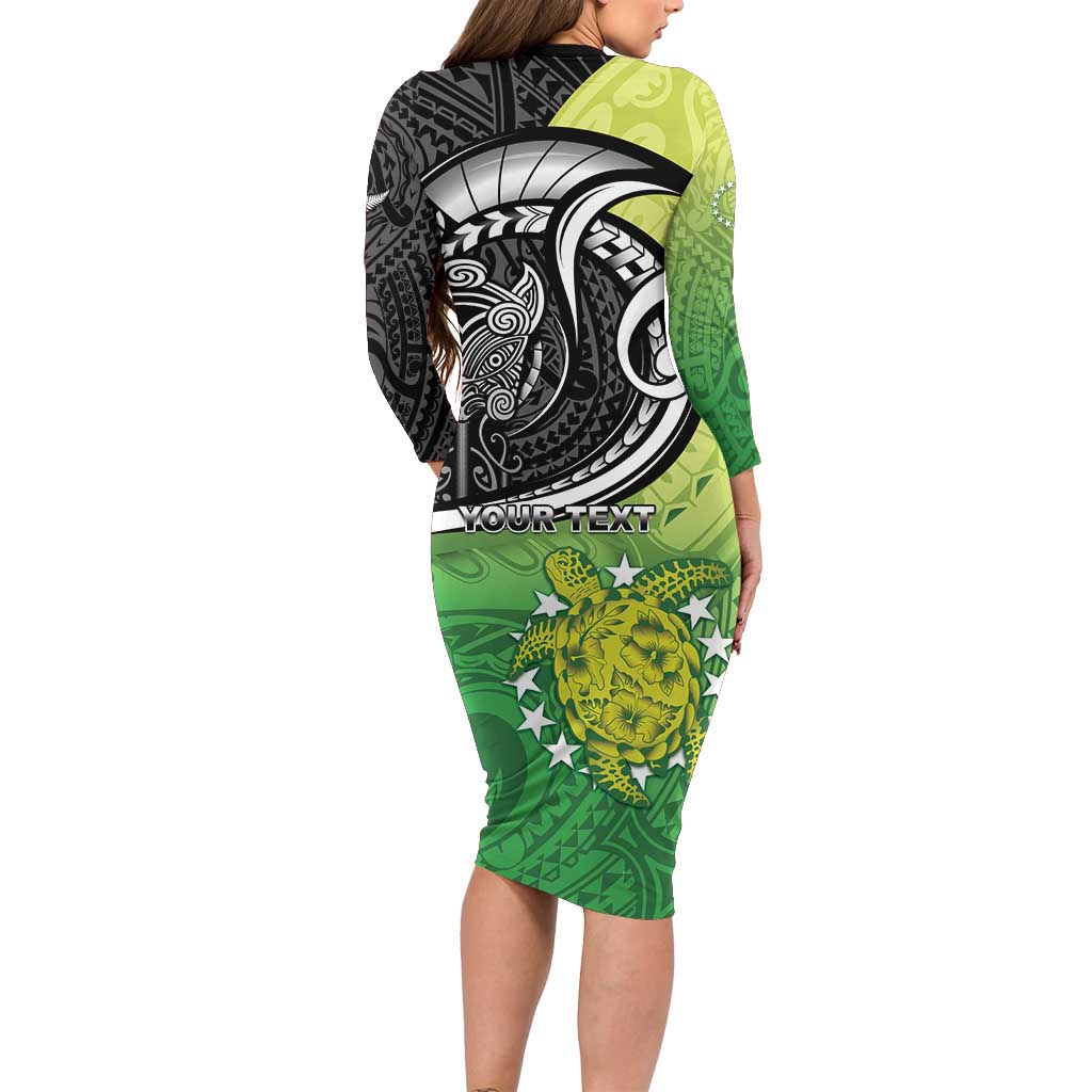 Custom New Zealand Cook Islands Long Sleeve Bodycon Dress Maori Tiki With Circle Stars Turtle - Polynesian Pride