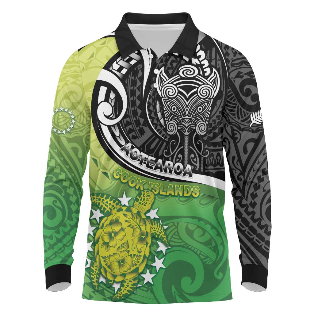 Custom New Zealand Cook Islands Long Sleeve Polo Shirt Maori Tiki With Circle Stars Turtle - Polynesian Pride