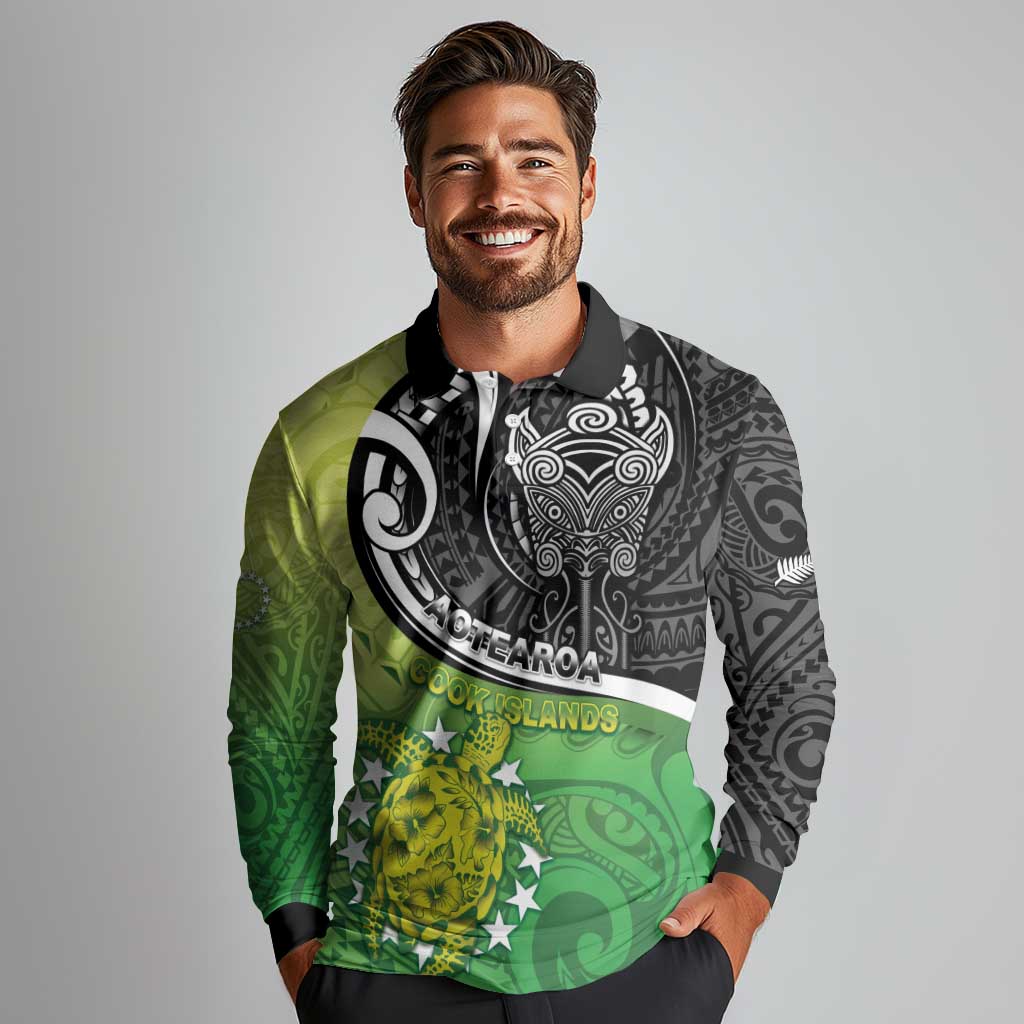 Custom New Zealand Cook Islands Long Sleeve Polo Shirt Maori Tiki With Circle Stars Turtle - Polynesian Pride