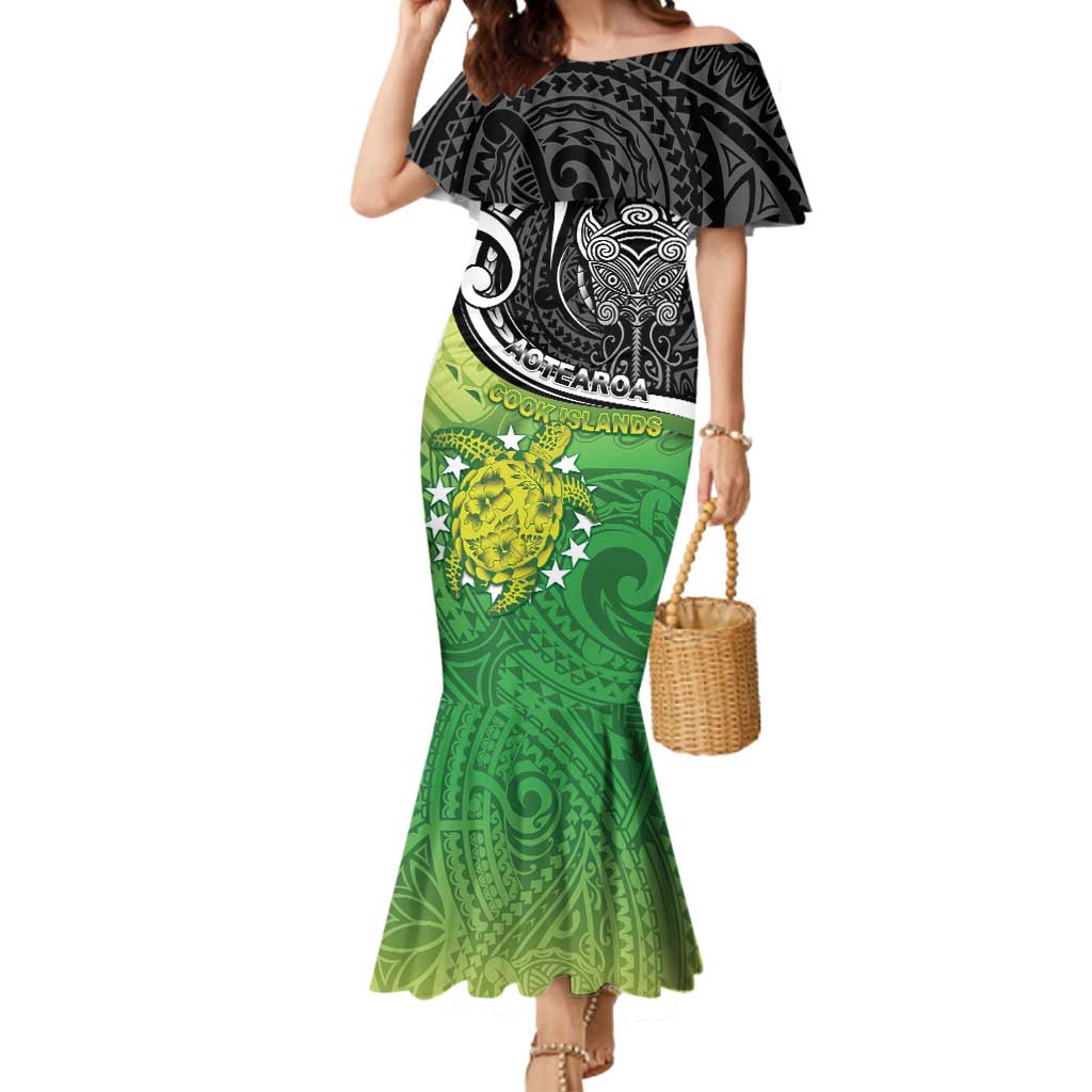 Custom New Zealand Cook Islands Mermaid Dress Maori Tiki With Circle Stars Turtle - Polynesian Pride