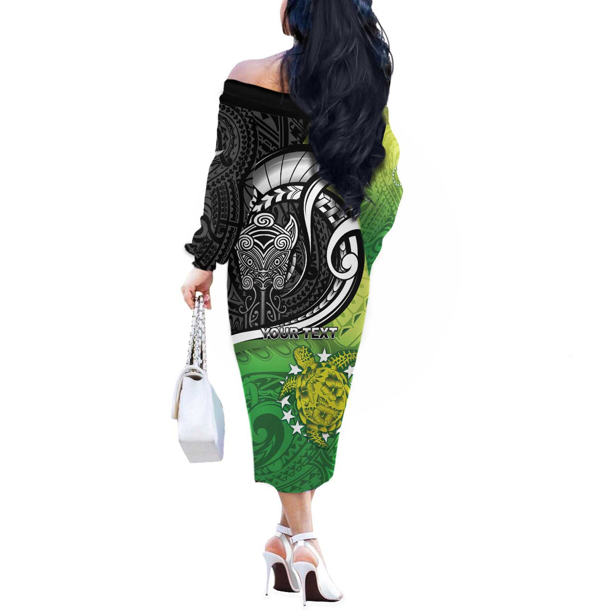 Custom New Zealand Cook Islands Off The Shoulder Long Sleeve Dress Maori Tiki With Circle Stars Turtle - Polynesian Pride