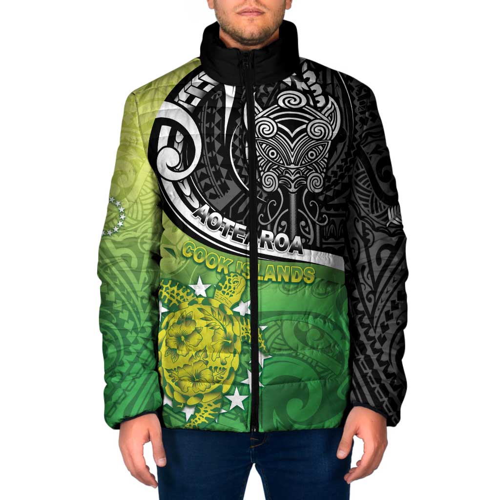 Custom New Zealand Cook Islands Padded Jacket Maori Tiki With Circle Stars Turtle - Polynesian Pride