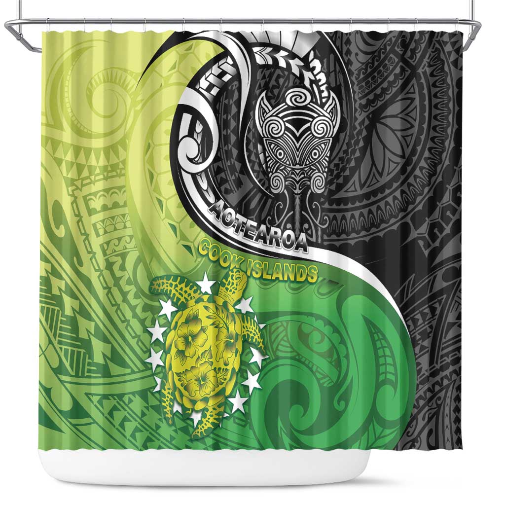 New Zealand Cook Islands Shower Curtain Maori Tiki With Circle Stars Turtle - Polynesian Pride