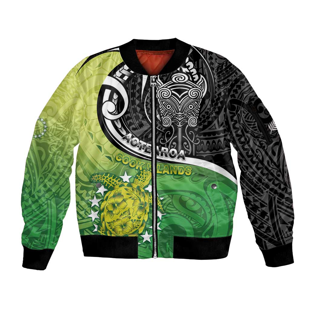 Custom New Zealand Cook Islands Sleeve Zip Bomber Jacket Maori Tiki With Circle Stars Turtle - Polynesian Pride