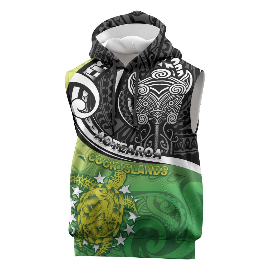 Custom New Zealand Cook Islands Sleeveless Hoodie Maori Tiki With Circle Stars Turtle - Polynesian Pride