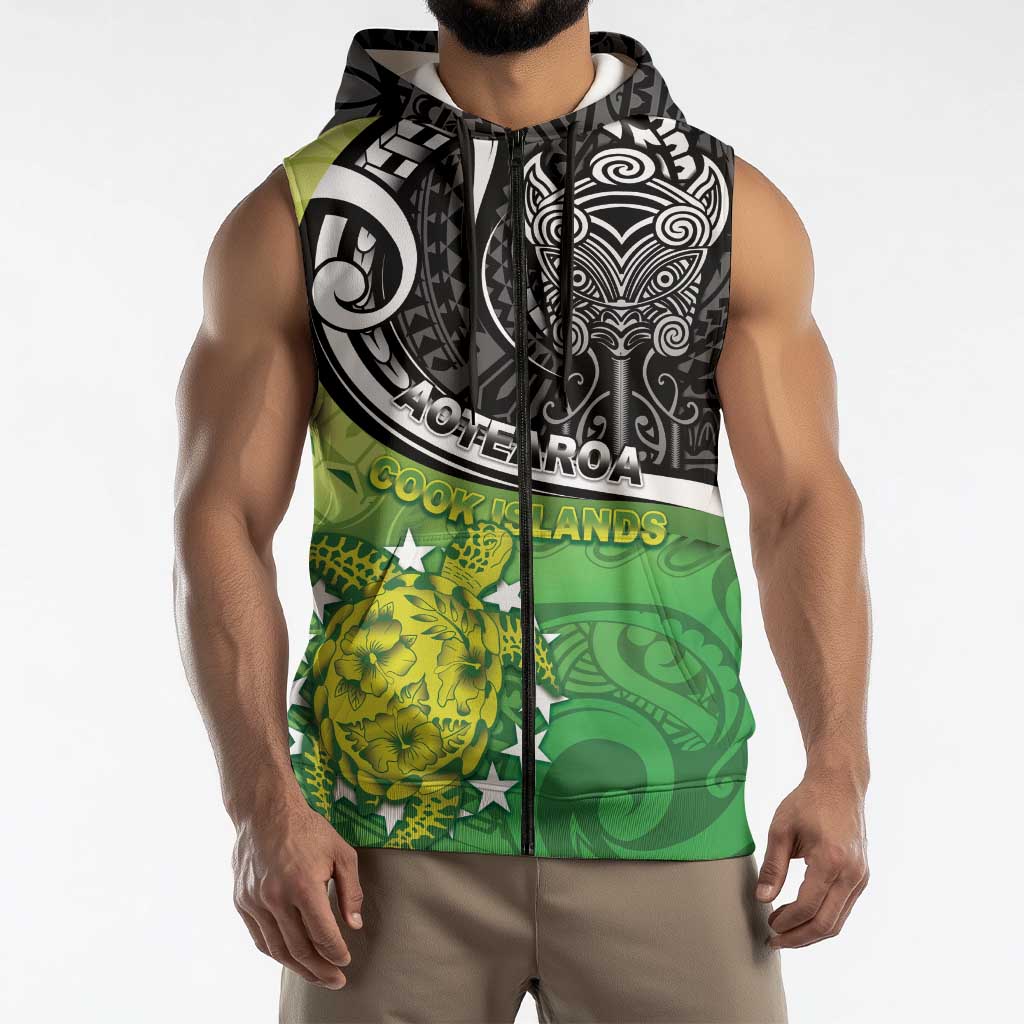 Custom New Zealand Cook Islands Sleeveless Zip Hoodie Maori Tiki With Circle Stars Turtle - Polynesian Pride