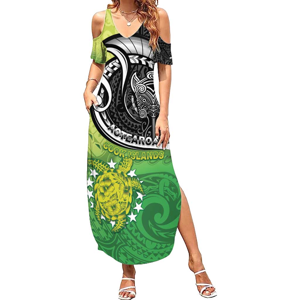 Custom New Zealand Cook Islands Summer Maxi Dress Maori Tiki With Circle Stars Turtle - Polynesian Pride