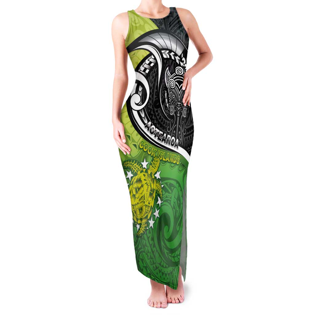 Custom New Zealand Cook Islands Tank Maxi Dress Maori Tiki With Circle Stars Turtle - Polynesian Pride