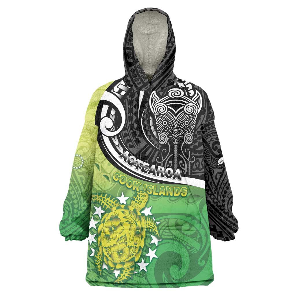 Custom New Zealand Cook Islands Wearable Blanket Hoodie Maori Tiki With Circle Stars Turtle - Polynesian Pride