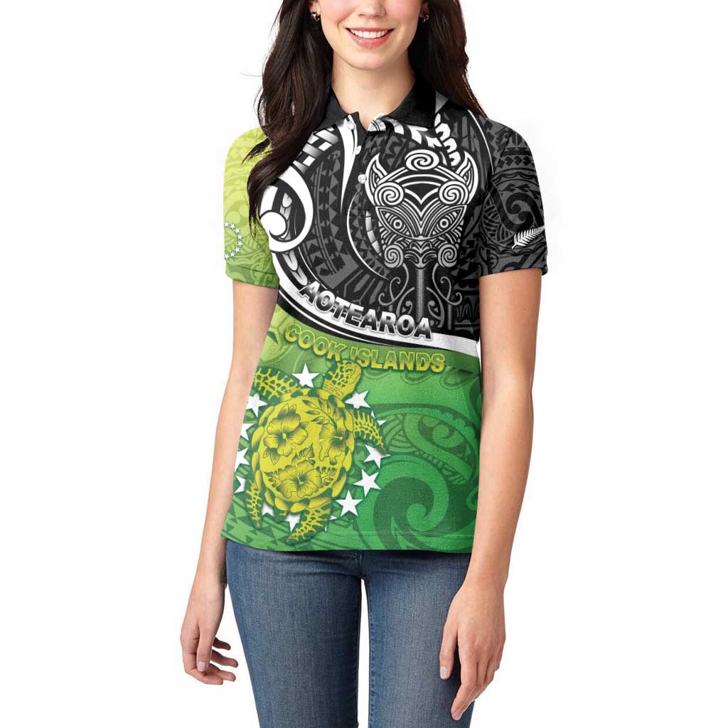 Custom New Zealand Cook Islands Women Polo Shirt Maori Tiki With Circle Stars Turtle - Polynesian Pride