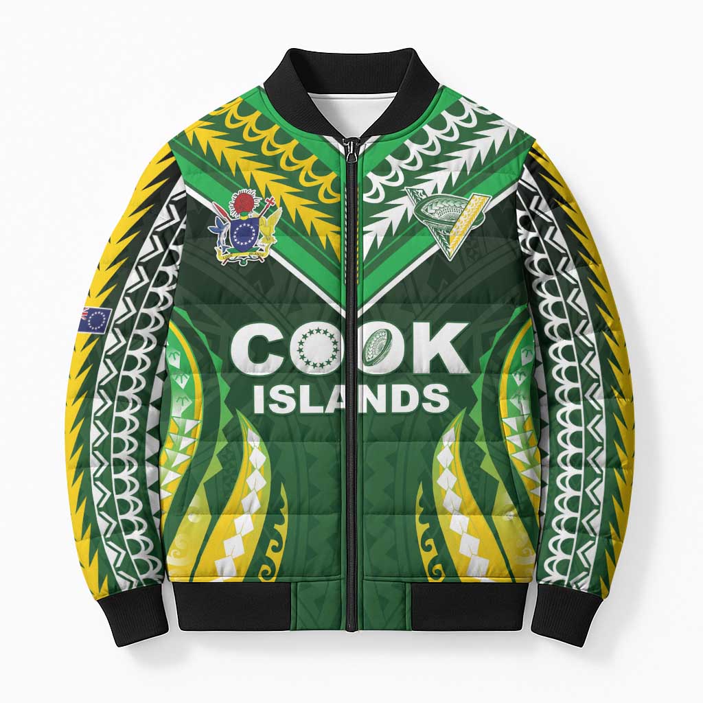 Custom Cook Islands Rugby Bomber Puffer Jacket Unique Style Green Version - Polynesian Pride