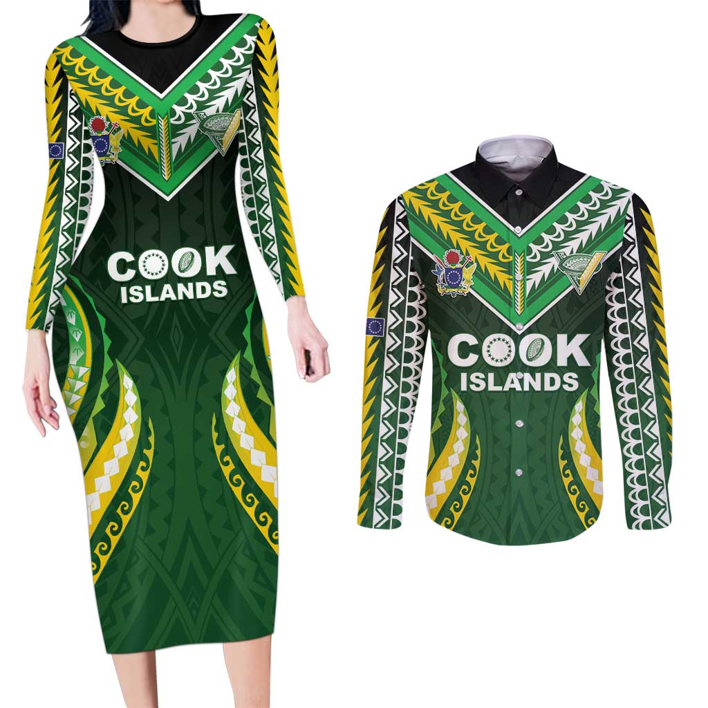 Custom Cook Islands Rugby Couples Matching Long Sleeve Bodycon Dress and Long Sleeve Button Shirt Unique Style Green Version - Polynesian Pride