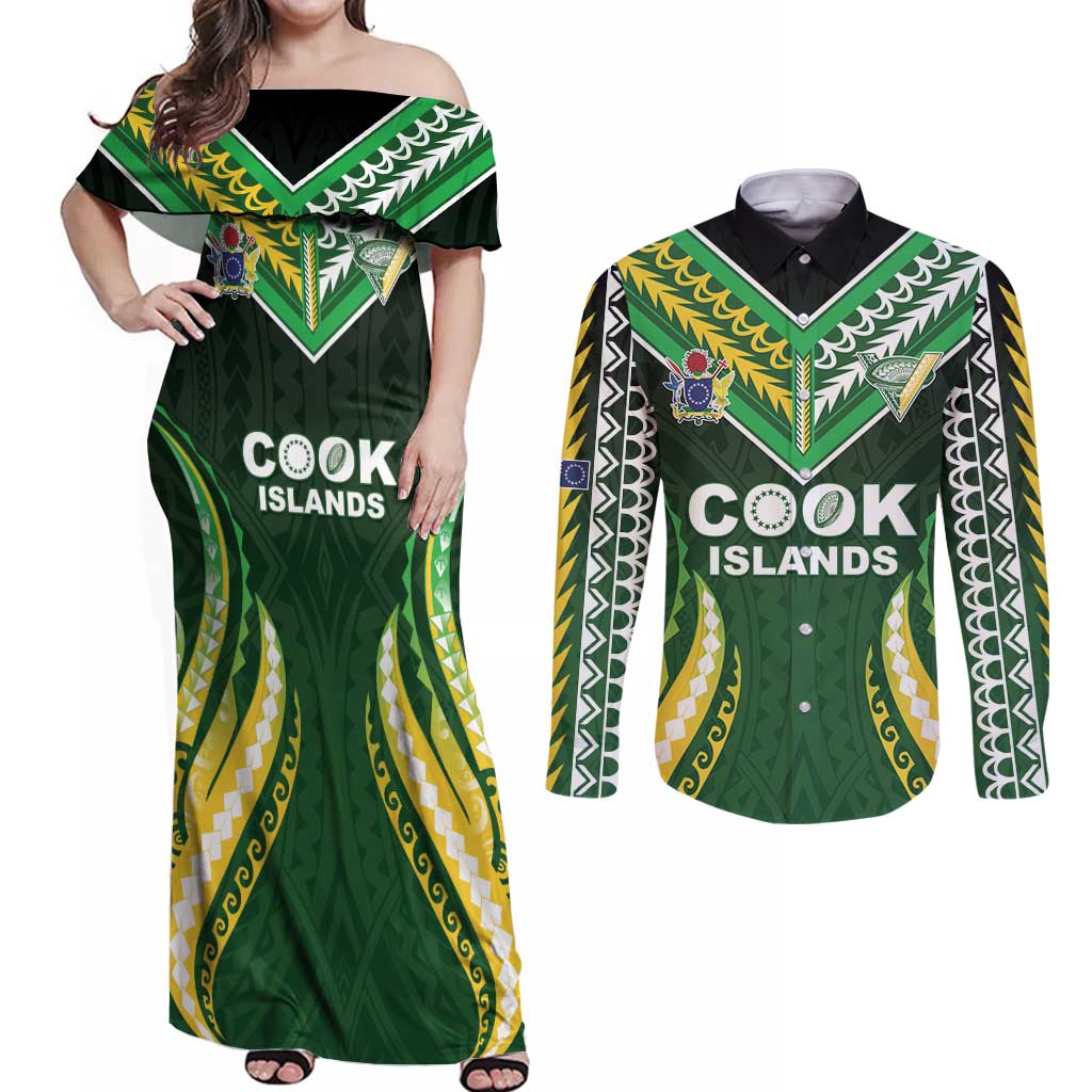 Custom Cook Islands Rugby Couples Matching Off Shoulder Maxi Dress and Long Sleeve Button Shirt Unique Style Green Version - Polynesian Pride