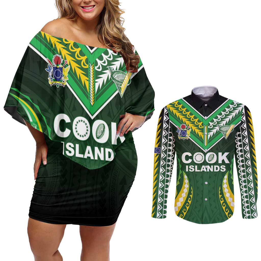 Custom Cook Islands Rugby Couples Matching Off Shoulder Short Dress and Long Sleeve Button Shirt Unique Style Green Version - Polynesian Pride