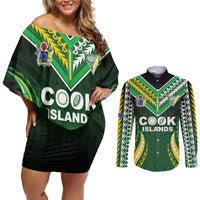 Custom Cook Islands Rugby Couples Matching Off Shoulder Short Dress and Long Sleeve Button Shirt Unique Style Green Version - Polynesian Pride