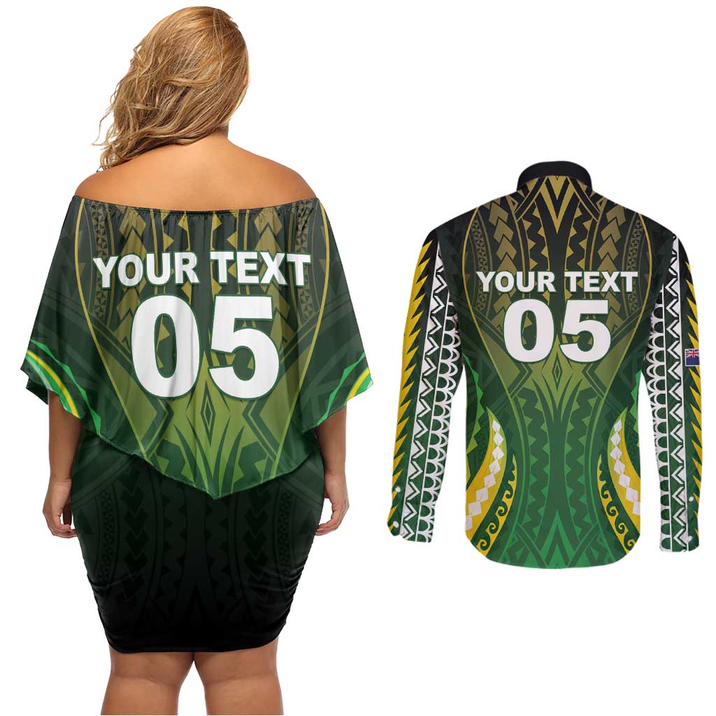 Custom Cook Islands Rugby Couples Matching Off Shoulder Short Dress and Long Sleeve Button Shirt Unique Style Green Version - Polynesian Pride