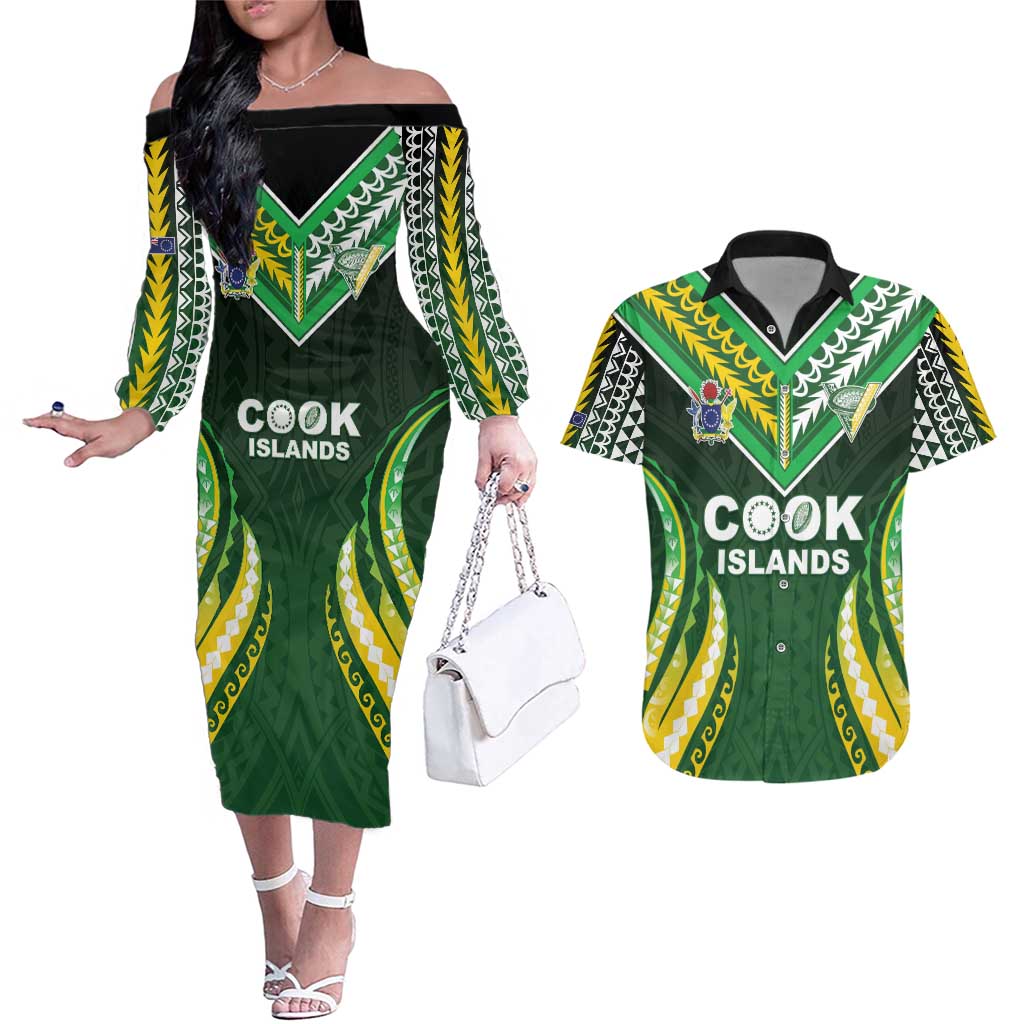 Custom Cook Islands Rugby Couples Matching Off The Shoulder Long Sleeve Dress and Hawaiian Shirt Unique Style Green Version - Polynesian Pride