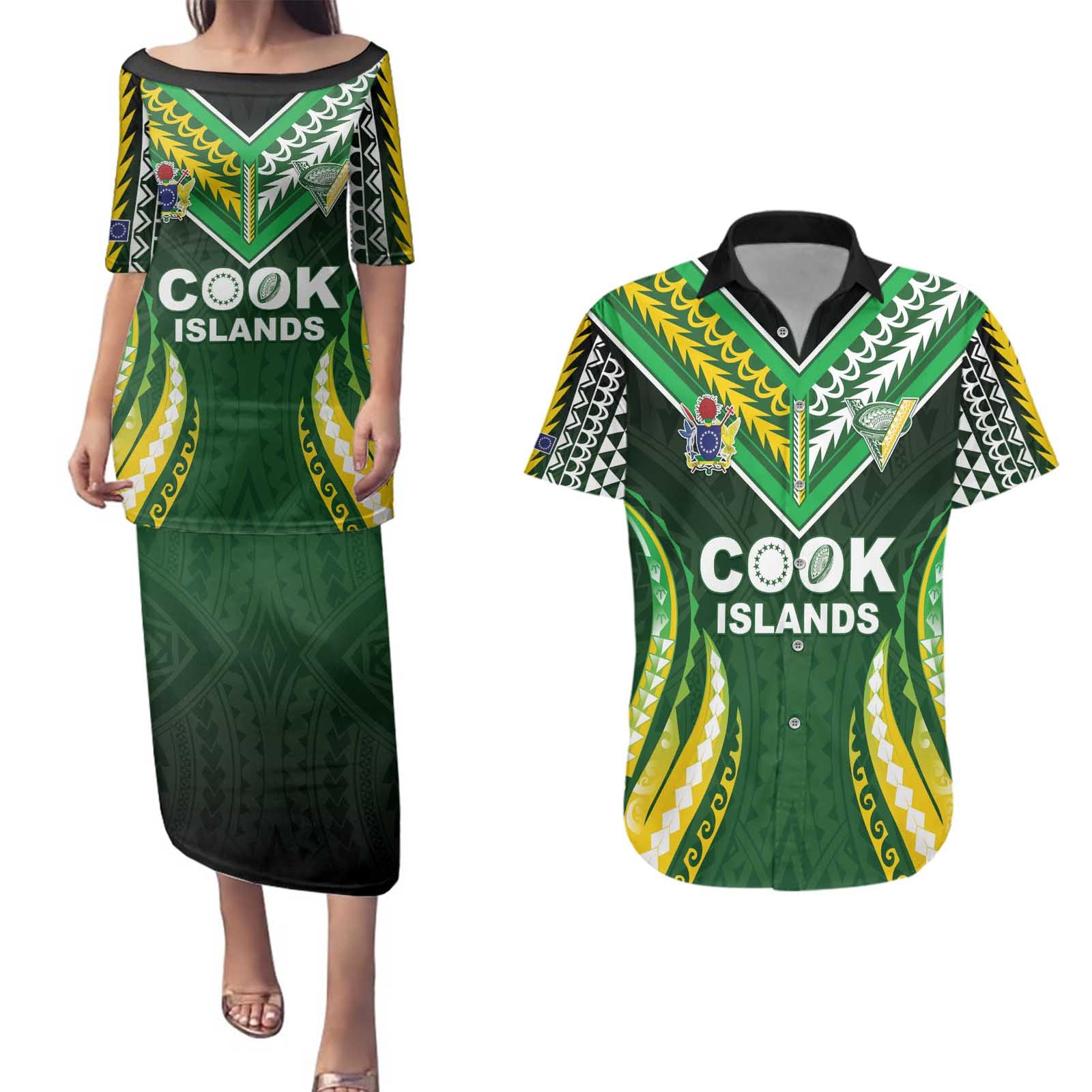 Custom Cook Islands Rugby Couples Matching Puletasi and Hawaiian Shirt Unique Style Green Version - Polynesian Pride