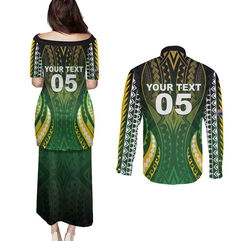 Custom Cook Islands Rugby Couples Matching Puletasi and Long Sleeve Button Shirt Unique Style Green Version - Polynesian Pride