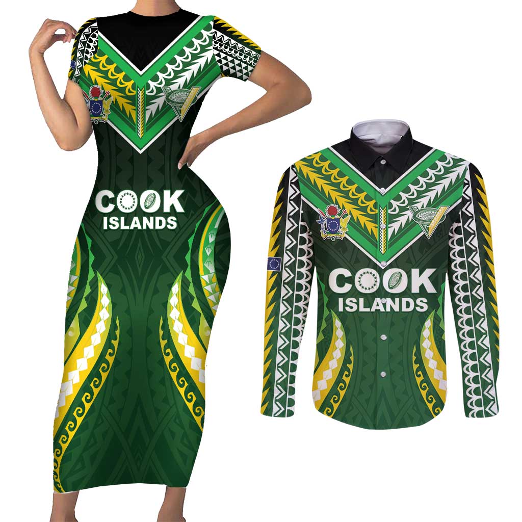 Custom Cook Islands Rugby Couples Matching Short Sleeve Bodycon Dress and Long Sleeve Button Shirt Unique Style Green Version - Polynesian Pride