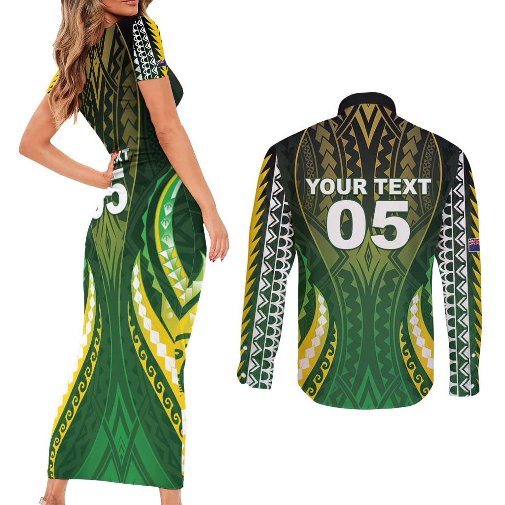 Custom Cook Islands Rugby Couples Matching Short Sleeve Bodycon Dress and Long Sleeve Button Shirt Unique Style Green Version - Polynesian Pride