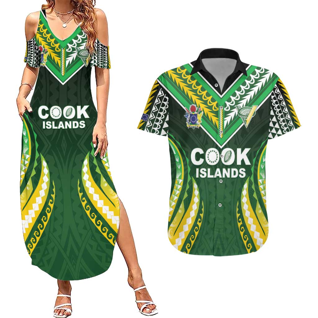 Custom Cook Islands Rugby Couples Matching Summer Maxi Dress and Hawaiian Shirt Unique Style Green Version - Polynesian Pride